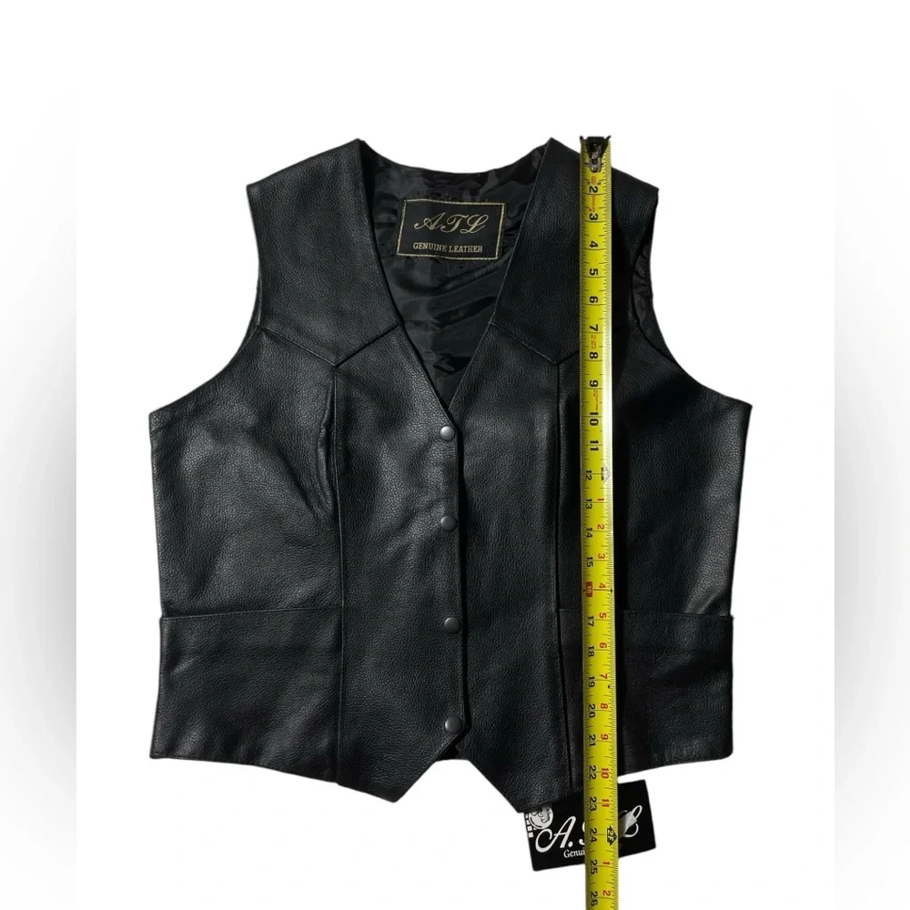 ATL Genuine Leather Black Biker Vest size M Snap Button NWT